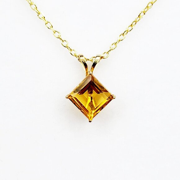 Gold Citrine Pendant Necklace , 10K Yellow Gold Citrine 6x6mm Pendant - Picture 1 of 10
